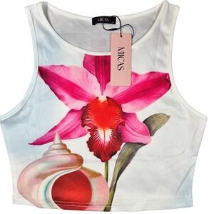 NWT Micas Tropical Orchid Conch Shell Ribbed Crop Tank Top White Pink Size M